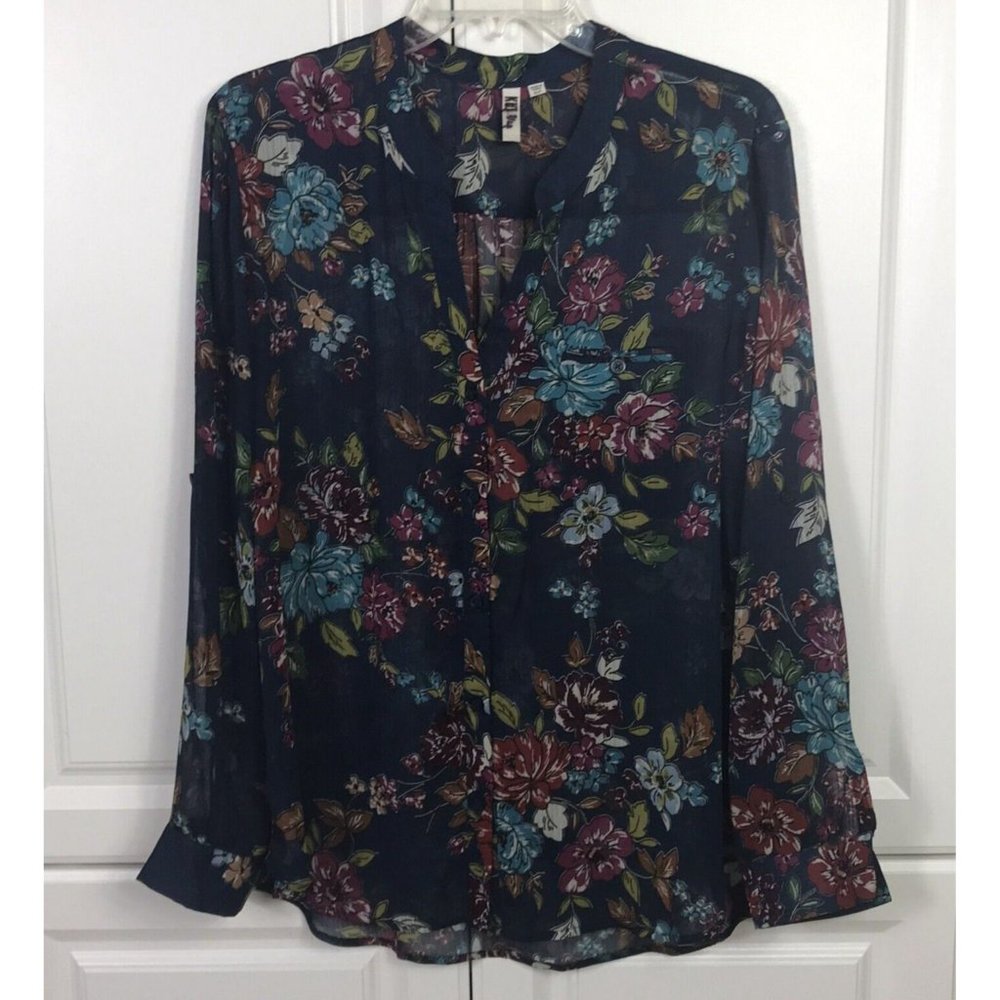 Kut From the Kloth Size XLP Petite Sheer Blue Floral Print Button Up Blouse Cute